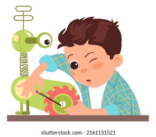 Child assemble robot. Boy making robotic toy. Kid creating automatic electronic machine. Artificial intelligence. Baby programming . Educational scientific project