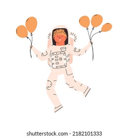 Child astronaut with balloons in his hands. Vector illustration in flat style, postcard.