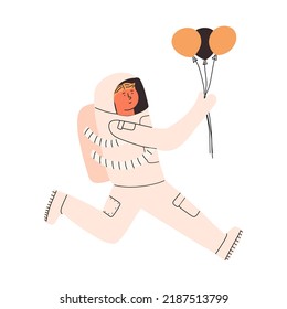 Child astronaut with balloons in his hands. Vector illustration in flat style, postcard.