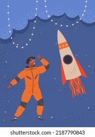 Child astronaut in cardboard or plastic rocket outfit dreams about space. Creative boy in self made costume imagines flying in sky. Kid playing space explorer. Guy in costume near huge rocket
