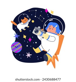 A child astronaut with a cat companion floats in space, holding a telescope, amid colorful stars and planets in a charming vector illustration