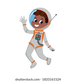 Child Astronaut Character in Outer Space Suit Waving his Hand, Boy Dreaming of Becoming an Astronaut Cartoon Style Vector Illustration