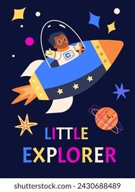 Child astronaut in a colorful rocket, exploring space with stars and planets, in a playful vector illustration for kids