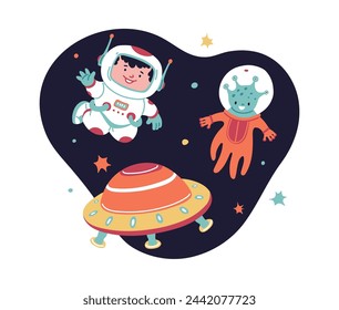 Child astronaut greets an alien friend next to a colorful UFO. Vector illustration for space-themed children's books and decorations