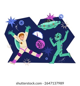Child astronaut and happy smiling alien, cartoon vector illustration isolated on white background. Space exploration, adventure, kids game or quest banner.