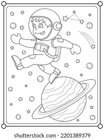 Child astronaut and planet in outer space suitable for children's coloring page vector illustration