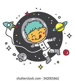 Child astronaut in space. Vector illustration. Excellent print on baby t-shirt.
