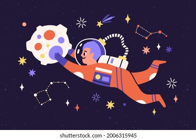 Astronauta infantil en viajes espaciales en el cosmos. Vuelo comonauta y flotando en el espacio exterior con estrellas, cometas, constelaciones y asteroides. Ilustración vectorial plana de fantasía infantil en el universo