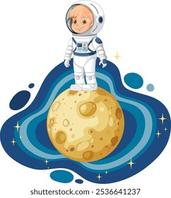Child astronaut standing on a small moon