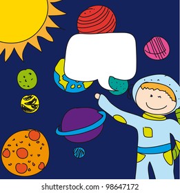 child astronaut with thought bubbles over planets. vector