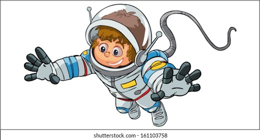 child astronaut in zero gravity on a white background