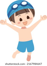 A child attending a swimming school is jumping