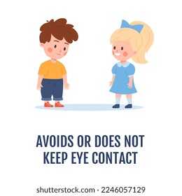Child with autism avoiding eye contact, flat vector illustration isolated on white background. Signs of autism in kids behavior and communication problems.