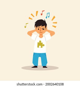 Child with Autism covering his ears from outer sounds and has issues with communication, flat vector illustration isolated on white. Autism disorder symptoms and signs.