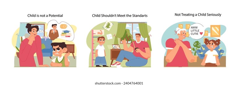 Child autonomy set. Janusz Korczak How to Love a Child book. Respecting children as individuals and taking their opinions seriously. Child respect and self-esteem development. Flat vector illustration