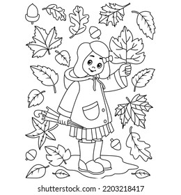 child with autumn leaves Cute girl in beautiful Autumn Leaves on the fall season rainy day vector coloring page outline