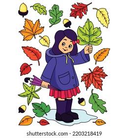 child with autumn leaves Cute girl in beautiful Autumn Leaves on the fall season rainy day vector coloring illustrations