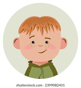 Child avatar, cute cartoon boy face in circle, smile emotion. Vector illustration isolated on white background