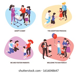 Child Baby Adoption Concept Isometric Compositions Set With Procedure Meeting Foster Parents Welcome To Family Vector Illustration 