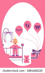 A child in a baby bed. Greeting card. Collection of colored icons for girls
