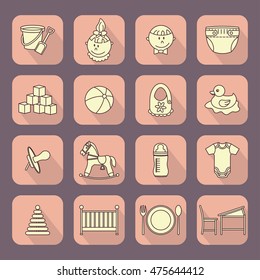 Child and baby care center flat icons with shadow. Kindergarten vector logo. Diaper, sandpit, slide, horse, ball, bottle, crib, pacifier.