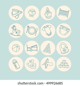 Child and baby care center thin line icons. Kindergarten vector logo. Diaper, sandpit, slide, horse, ball, bottle, crib, pacifier.