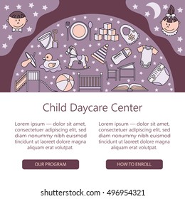 Child and baby care center web or card template with kindergarten vector logo. Diaper, sandpit, slide, horse, ball, bottle, crib, pacifier.