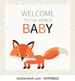 Child. Baby. Cute little fox. Seamless pattern with different hand- drawn  baby goods on background. 