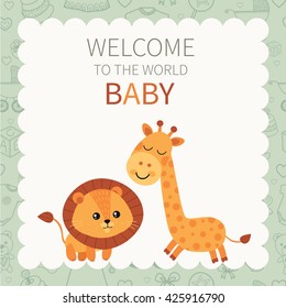 Child. Baby. Cute little lion and giraffe. Seamless pattern with different hand- drawn  baby goods on background. Pattern are not cropped and can be edited.  All elements are  hidden under mask