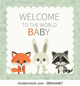 Child. Baby. Cute little raccoon, fox and rabbit. Seamless pattern with different hand- drawn  baby goods on background. Pattern are not cropped and can be edited.  All elements are  hidden under mask