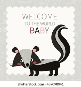 Child. Baby. Cute little skunk. Seamless pattern with different hand- drawn  baby goods on background. 