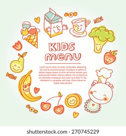 Child and baby food, kids menu with colorful smiling fruits, vegetables, sweets, cookies . Vector modern illustration, stylish design element