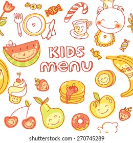 Child and baby food, kids menu with colorful smiling fruits, vegetables, sweets, cookies. Vector modern illustration, stylish design element, seamless pattern cover for menu