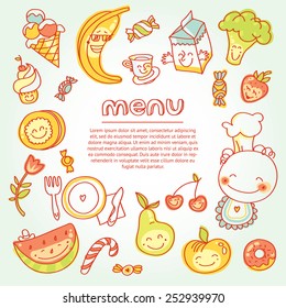 Child and baby food, menu with colorful fruits, vegetables, sweets, cookies with smile. Vector modern illustration, stylish design element