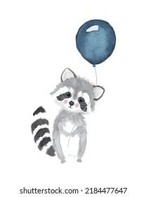 child. baby. little raccoon is holding a blue balloon. vector illustration. art, watercolor