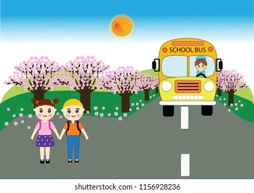 Child back to school with school bus, illustration, vector, landscape