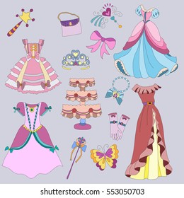 child background: Princess dresses, cake, gloves, necklace, crown