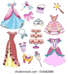 child background: Princess dresses, necklace, crown, bracelet, butterfly, cake