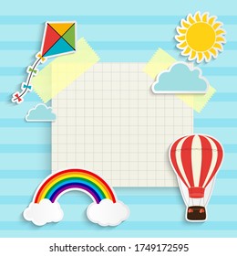 Child background with rainbow, sun, cloud, kite and balloon. Place for text. Vector Illustration EPS10