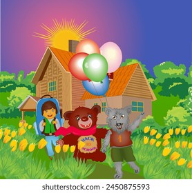 A child with a backpack accompanied by his friends Teddy Bear and Wolf walks to school through the tulip field on the first day of school. Vector illustration for various uses.