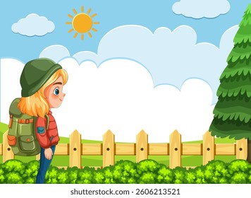 A child with a backpack in a forest setting