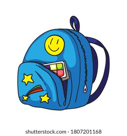 Child Backpack. Isolated Cartoon Blue Open Kid School Bag With Paints Stationery Doodle Icon. Student Child Schoolbag Backpack Object. Vector Education And Study Concept