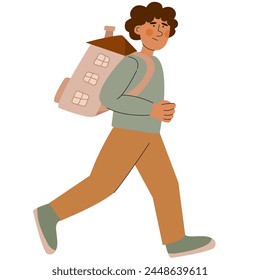 Child with backpacks that look like a house. Refugee abandone home and look for a safe place to live. Social crisis idea. World Refugee Day banner.