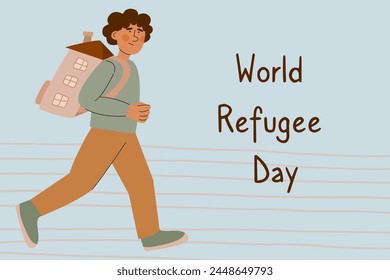 Child with backpacks that look like a house. Refugee abandone home and look for a safe place to live. Social crisis idea. World Refugee Day banner.