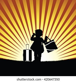 child with bag silhouette illustration in colorful