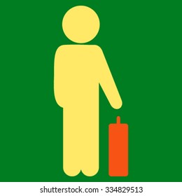 Child Baggage vector icon. Style is bicolor flat symbol, orange and yellow colors, rounded angles, green background.