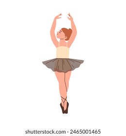 A child ballerina in a tutu performs ballet. Vector illustration of a young dancer practicing graceful dance poses.