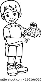 child with bananas  line vector illustration isolated on white background