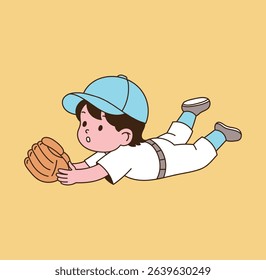 A child baseball player wears a glove and tries to catch the ball.