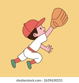 A child baseball player wears a glove and tries to catch the ball.